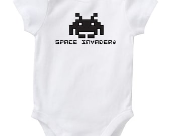 Space Invaders Alien Classic Arcade Game Cute Baby Humor Funny Onesie/Creeper/Bodysuit Size 3, 6, 12, 18, 24 Months Color White