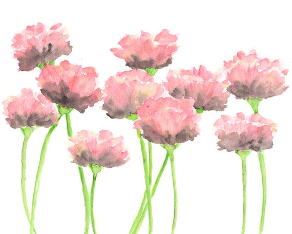 Nature watercolor flowers painting pink poppies abstract