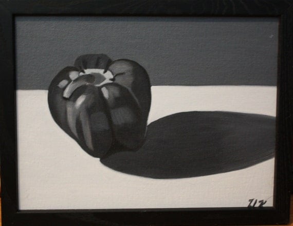 Black and White Bellpepper--oil painting on canvas board, original, one of a kind, framed
