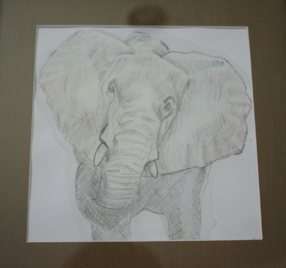 Elephant--original, one of a kind, watercolor pencil on paper, matted and framed