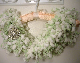 Soft Green and White Pom Pom Scarf