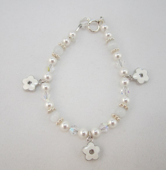 Child Bracelet with White Pearls and Clear crystals with