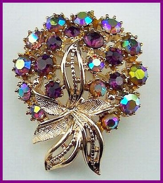 Vintage Signed ART Brooch or Pin w Purple & AB Rhinestones