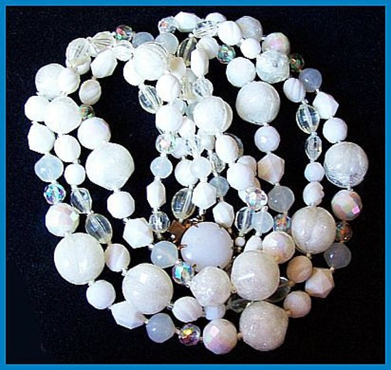 Vintage White AB Crystal Triple Strand Necklace w Glass
