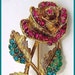 Vintage Rose Flower Brooch Pin Pink & Teal Green Rhinestones Gold Metal 2.5" VG