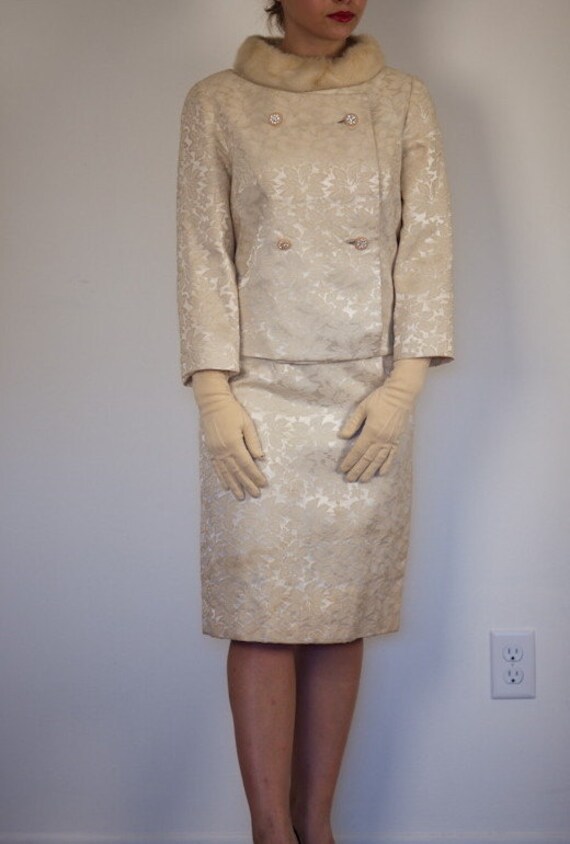 Jackie O style Cream Dress and Jacket with Real Fur Collar
