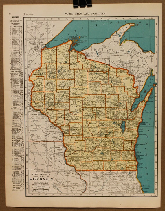 Vintage Map of Wisconsin Original 1935 by PastOnPaper on Etsy