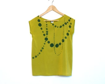 silk hand painted blouse. INK BEADS on chartreuse. made to order.