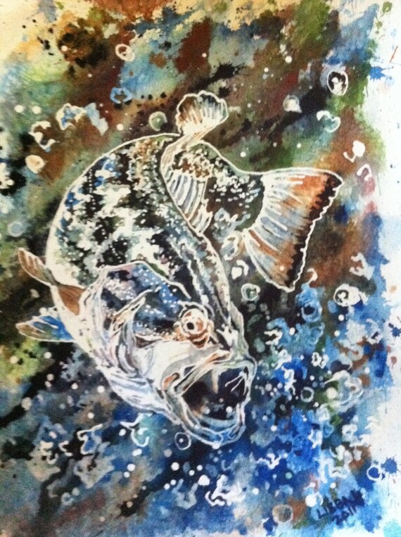 Items similar to large mouth bass fish "Bass Dream" watercolor painting