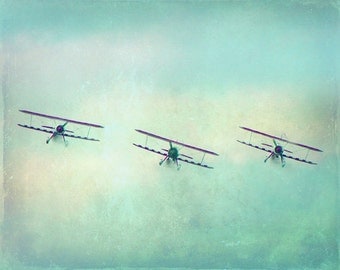 Vintage Airplane Art Photograph - Nursery Print Blue Green Aqua Three Antique Biplanes Flying Aviation Boy Room Photograph