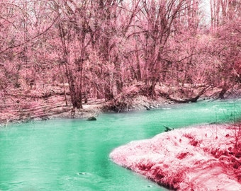 River Trees Art Print - Pink Green Aqua Nursery Girls Room Home Decor Whimsical Dreamy Surreal Spring Summer Photograph