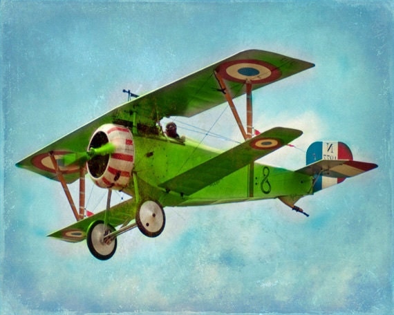 Vintage Airplane Art Print Green Blue Nursery Biplane Boys
