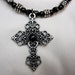 Dramatic Antique Silver Cross on Beautiful Antique Silver and Black Beaded 15 plus Inch Choker with Magnetic Clasp
