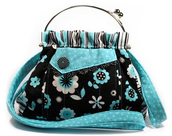 Turquoise Black Bag Shoulder Strap Retro Flowers and Stripes