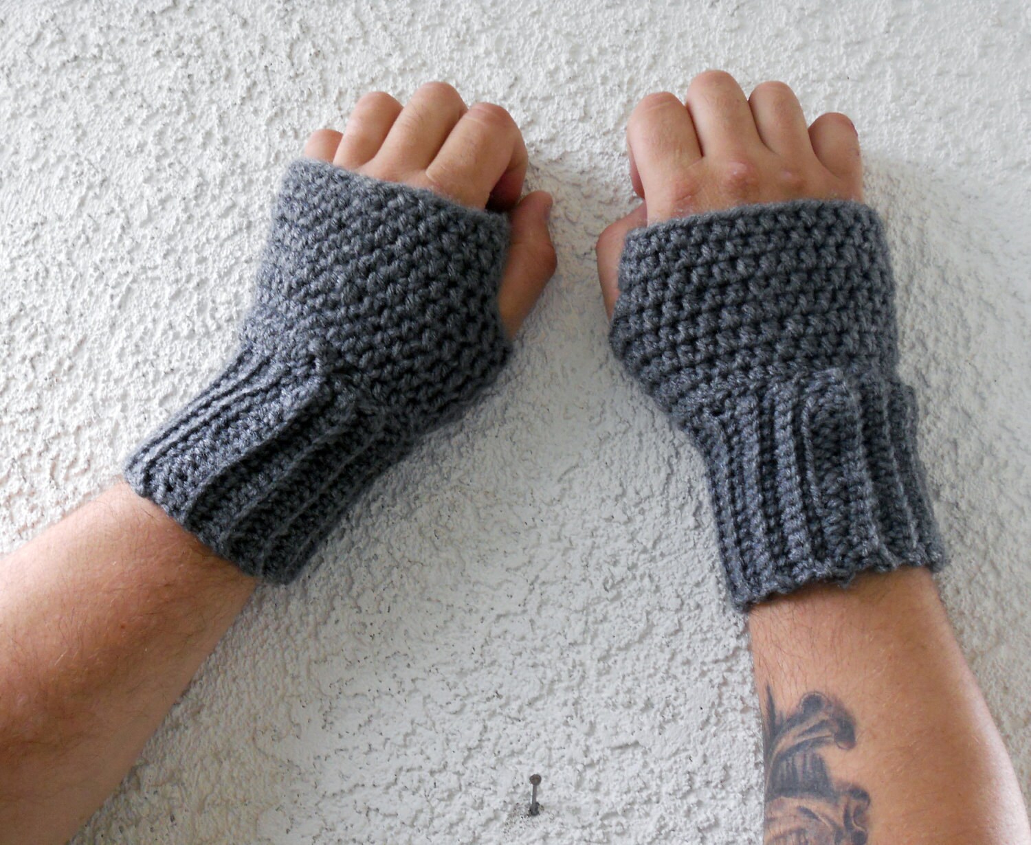 Grey Mens fingerless gloves wrist warmers mittens for winter