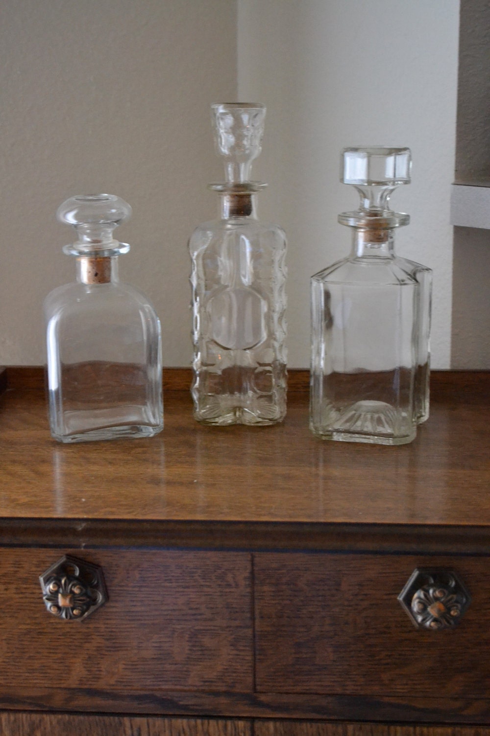 3 Vintage Glass Liquor Bottle Decanters