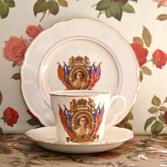 Queen Elizabeth II Coronation Teacup Saucer and Cake Plate