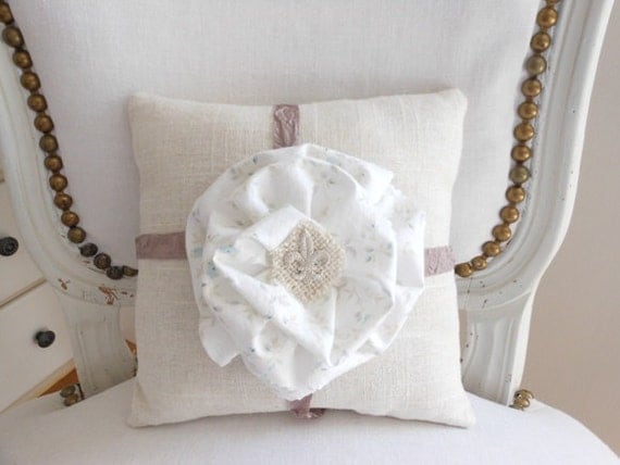 Decorative pillow, linen pillow, light blue floral and fleur-de-lis fabric flower