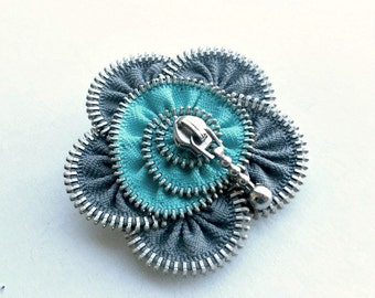 Recycled jewelry, Handmade zipper brooch, grey and cyan flower, Zipper Pin. 2.8 in/ 7 cm, eco friendly