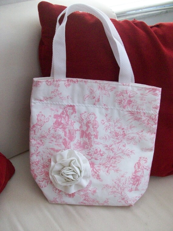 Items similar to Pink Toile Bag/Tote with Fabric Flower on Etsy