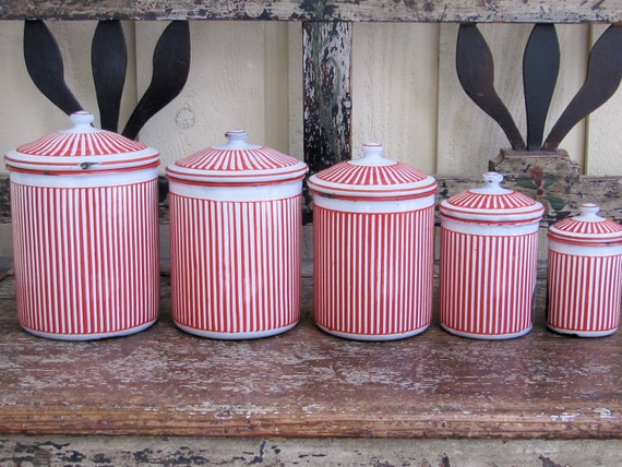 Vintage Red And White Striped Canister Set French Enamelware   Il 570xN.266464217 