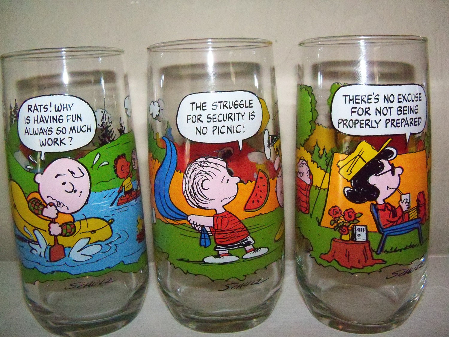 Camp Snoopy Glasses Set Of 6 Vintage Charlie Brown Peanuts