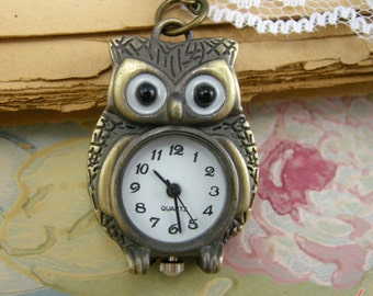 1 pc Vintage Style Owl Pocket Watch Necklace Pendant Chain Included Woodland Antique Bronze (BB018)