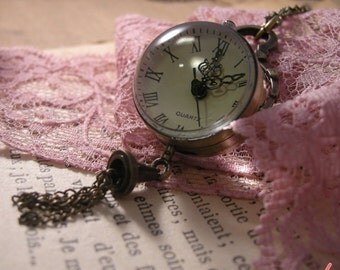 1 pc Vintage Style Round Pocket Watch Necklace Pendant Chain Included Whimsical Antique Bronze (BB010)