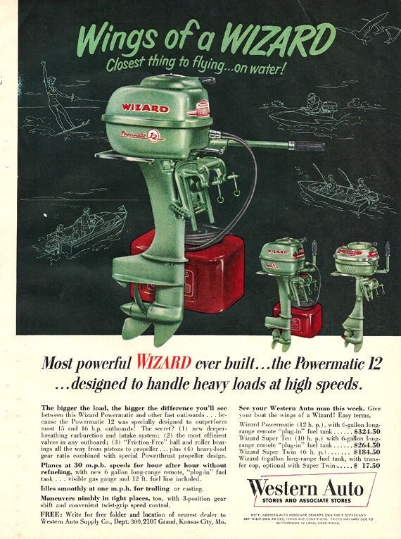 1954 full color print ad for Wizard outboard boat motors
