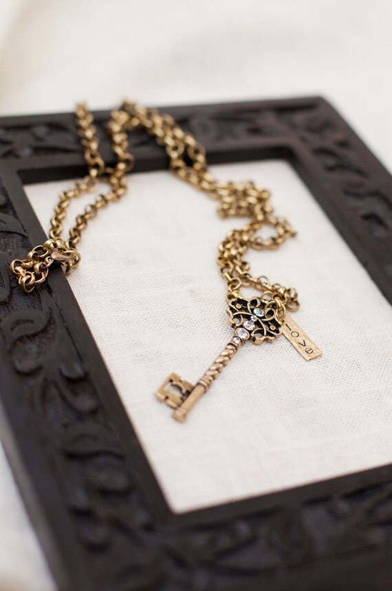 Vintage Key necklace with hand stamped Love by Lilybelledesignsco