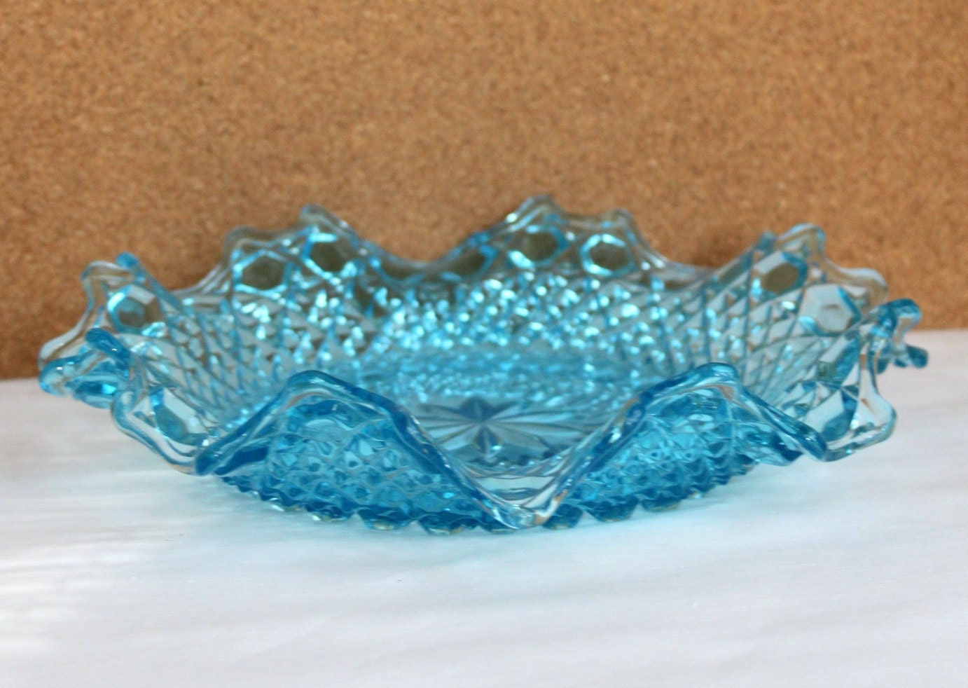 Items similar to Vintage Aqua Blue Carnival Glass Candy Dish on Etsy