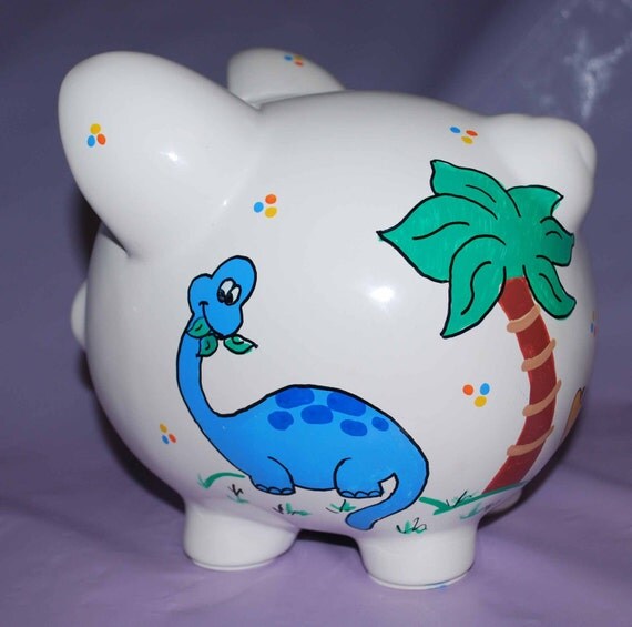 Piggy Bank LARGE Ceramic Dinosaur Theme Hand by confettigiftsbyg