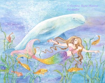 Mermaid art, Mermaid with Rainbow-Colored Tail and Beluga Whale in underwater fantasy scene mermaid art print,8 x 10 art print