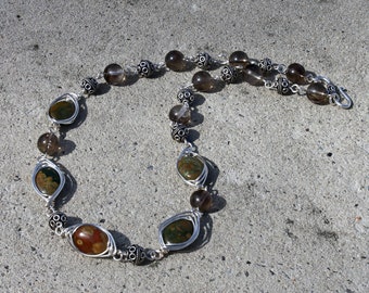 Wire Wrapped Rhyolite and Smokey Quartz Necklace 3627