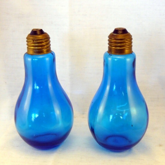 Salt and Pepper Shakers Blue Glass Light Bulbs