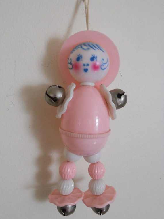 Vintage Baby Toys Antique Rattles Plastic Pink Crib Hang Toy