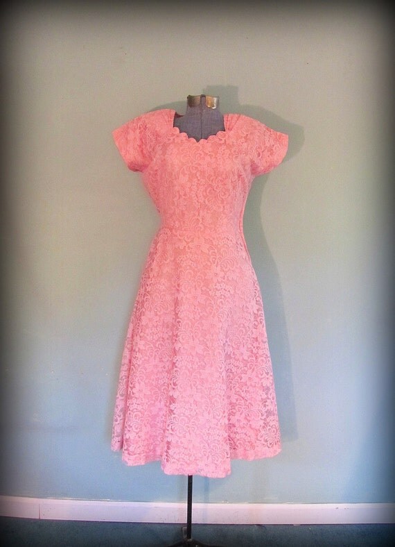 1960s Pink Lace Dress Prom Party Tea Length by offbeatvintage