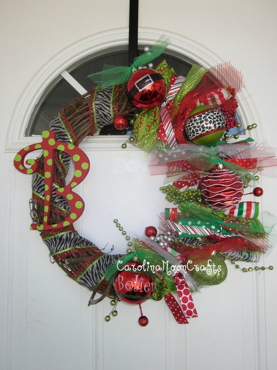 Items similar to Whimsical Monogrammed Christmas Ornament Wreath, Zebra ...