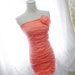 CHRISTMAS SALE - - Party Strapless off shoulder mini dress rose floral brooch ruffles draping bodycon tulle melon pink dreamy romantic