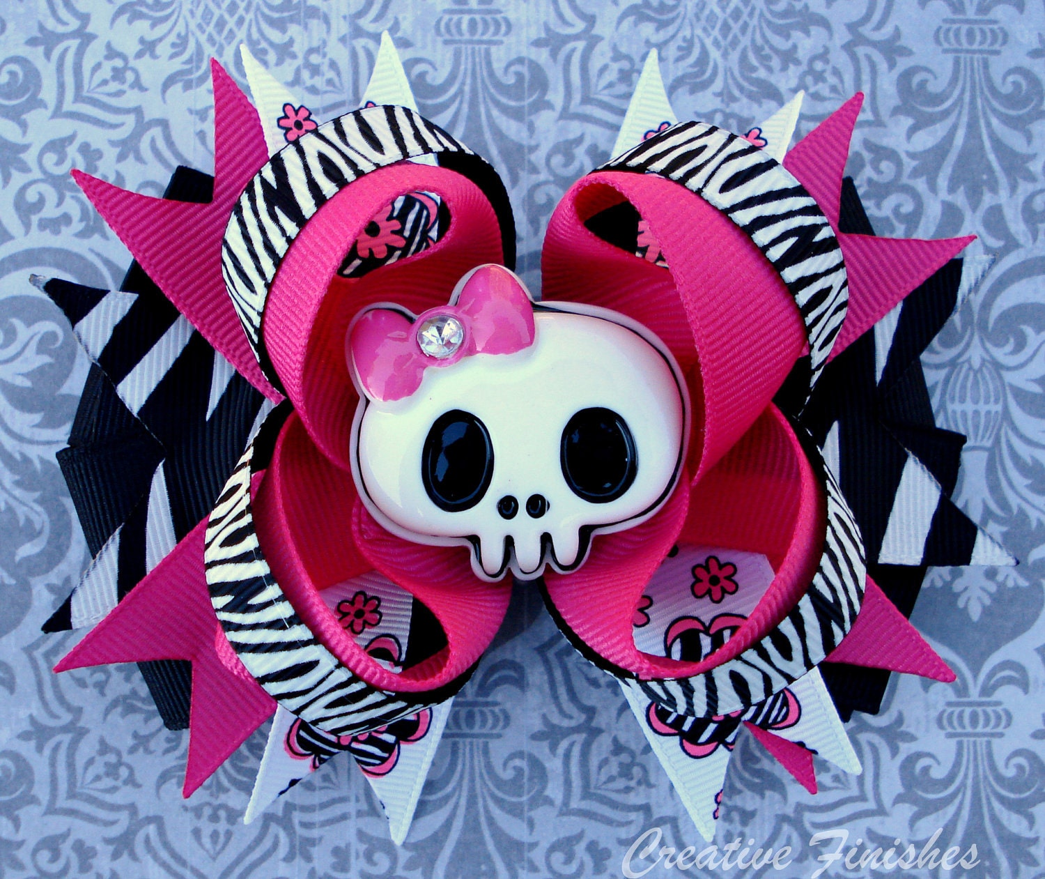 Skull Hair Bow Hot Pink and Black Girly Skull