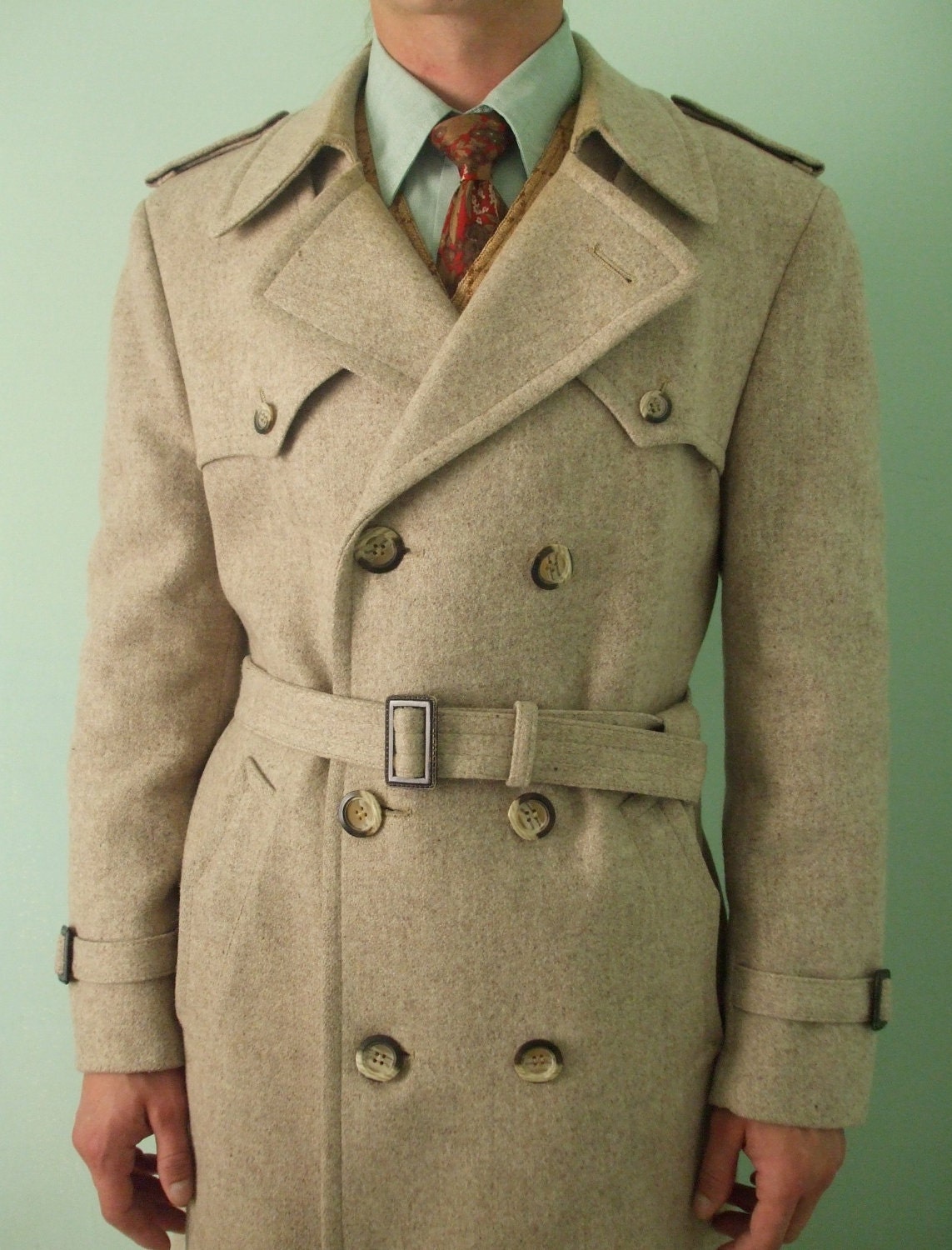 Vintage Mens Wool Winter Trench Coat Double Breasted