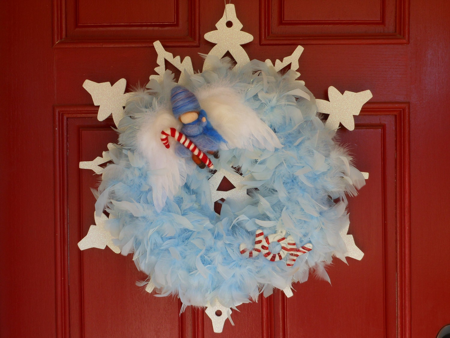 Blue Feather Snowflake Christmas Wreath NUSHKIE DESIGN Elf