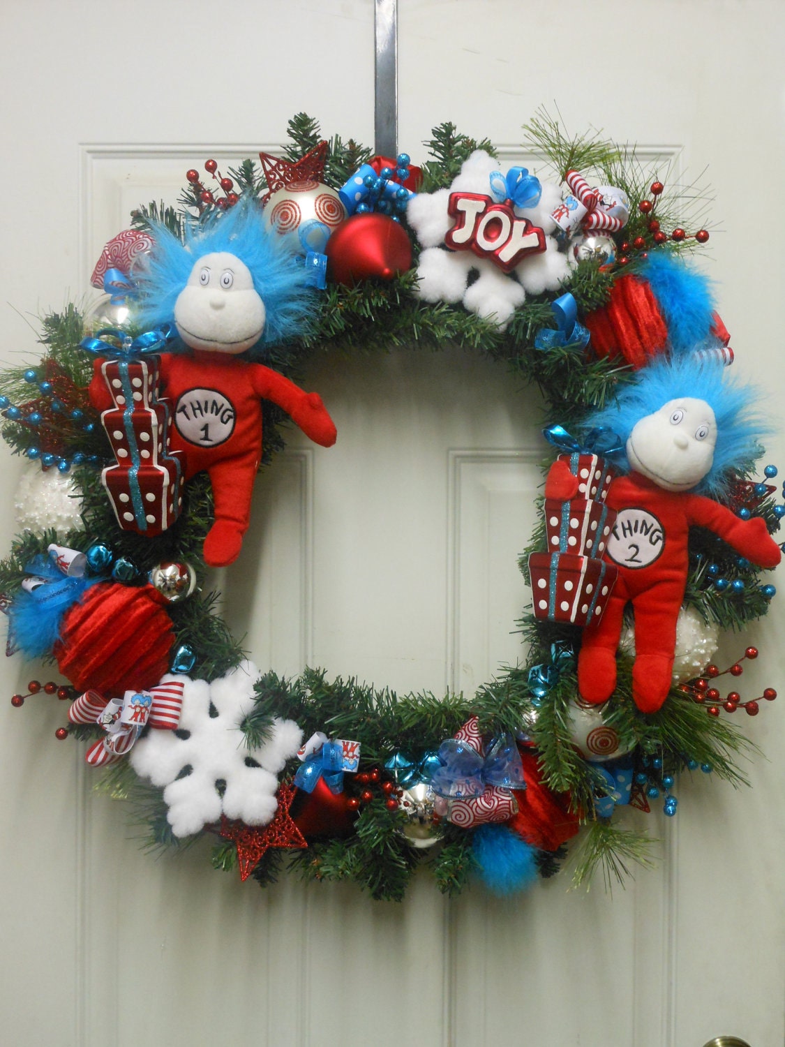 REDUCED Thing 1 & Thing 2 Christmas Winter Snowflake Wreath Red Blue