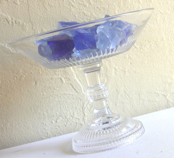 Vintage Clear Glass Pedestal Bowl with Simple Straight Lines