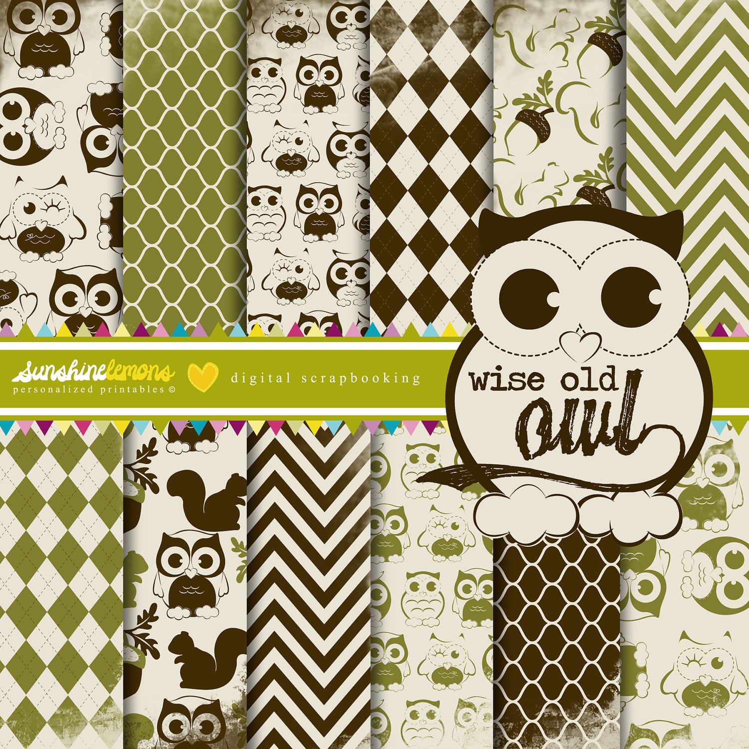 Wise Old Owl Vintage Digital Scrapbooking Paper by SunshineLemons
