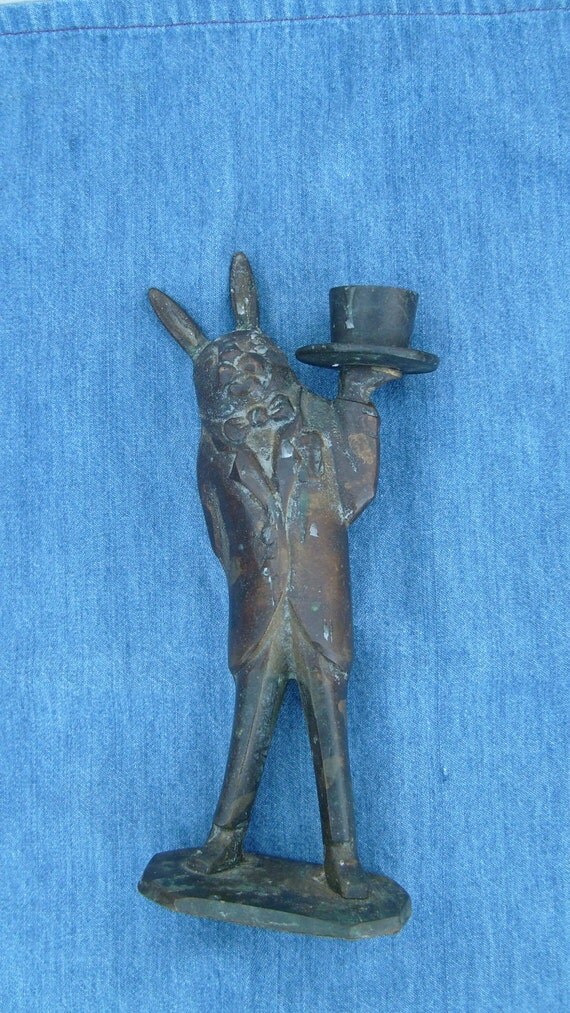 Solid Bronze Rabbit Coat and Top Hat Candle Holder Bronze
