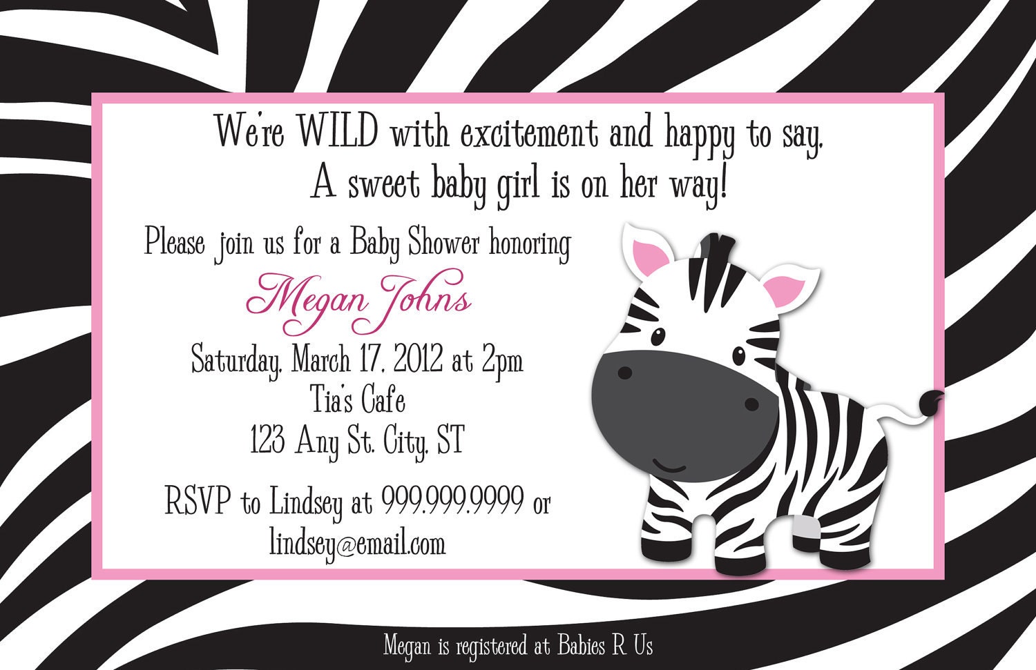 Zebra Digital Baby Shower or Birthday Invitation by BDesigns4You