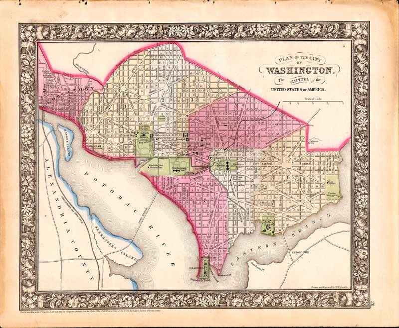 Washington DC 1865. Antique Map of Washington by Samuel