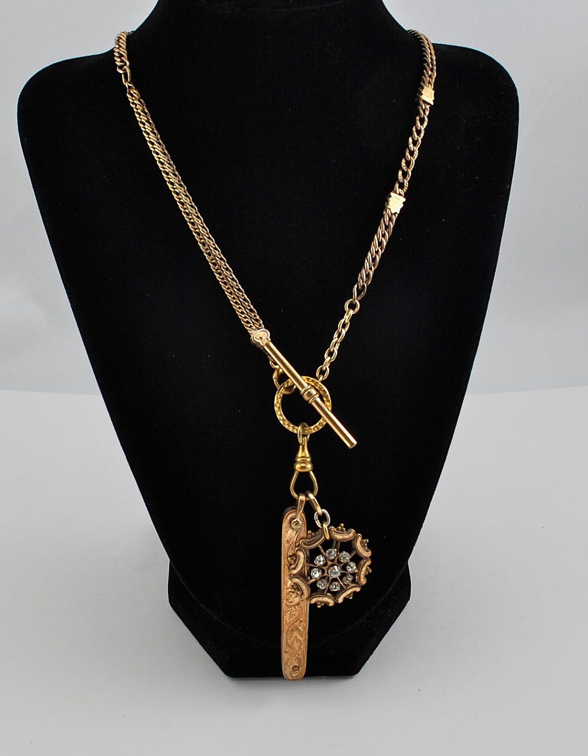 Pocket watch chain necklace with GF pocket knife by RelinkedRelics