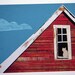 Barn Window - red barn with cat - collage art, paper, weathered barn, building, country, simple roof peek, red wood, farm